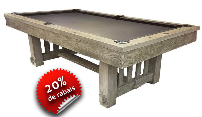 Table de Billard Majestic Cornwall – Dimension: 4x8 pieds – Style contemporain rustique – Entièrement fabriquée en bois massif neuf Européen et Nord Américain d'aspect vieilli –Ardoise naturelle de 1 pouce d’épaisseur – Poches en cuir véritable – Tapis Chamionship Invitational protégé au téflon disponibles en plusieurs couleurs – Garantie 25 ans du manufacturier – Ensemble d'accessoires de base inclus - table billard quebec