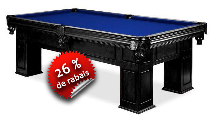 Table billard Majestic Frontenac fabriquée avec du bois de Chêne au fini noir avec poches en cuir véritable, une ardoise naturelle d'un pouce d'épaisseur et de pattes carrées droites. Disponible en format 8 pieds seulement. Inclut un ensemble d'accessoires, une garantie limitée de 25 ans du manufacturier et un choix de couleurs de tapis standard traité au Teflon - table billard quebec